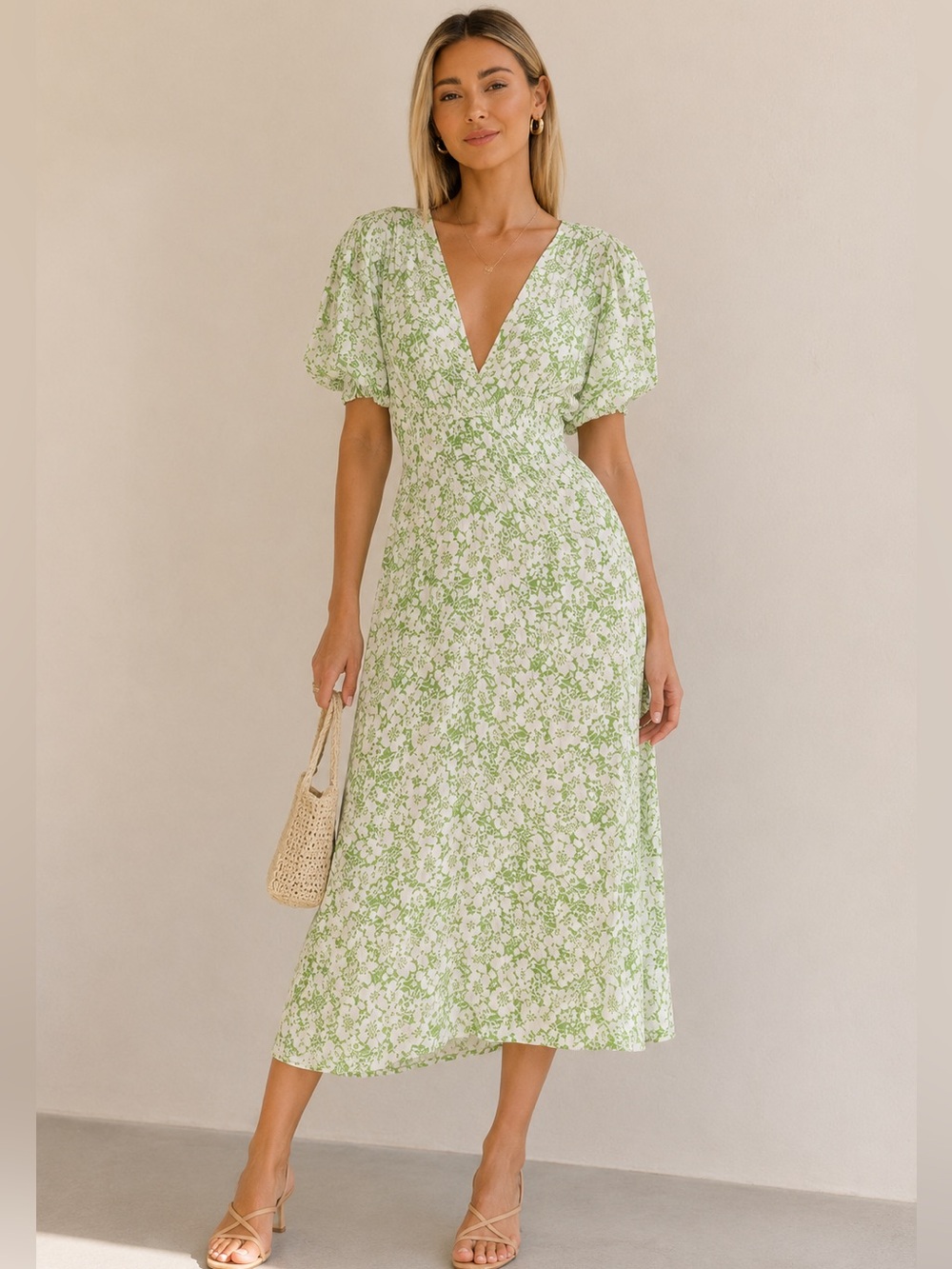 Faithfull The Brand Marie Louise Freja Floral Midi Dress Green White Puff Sleeve